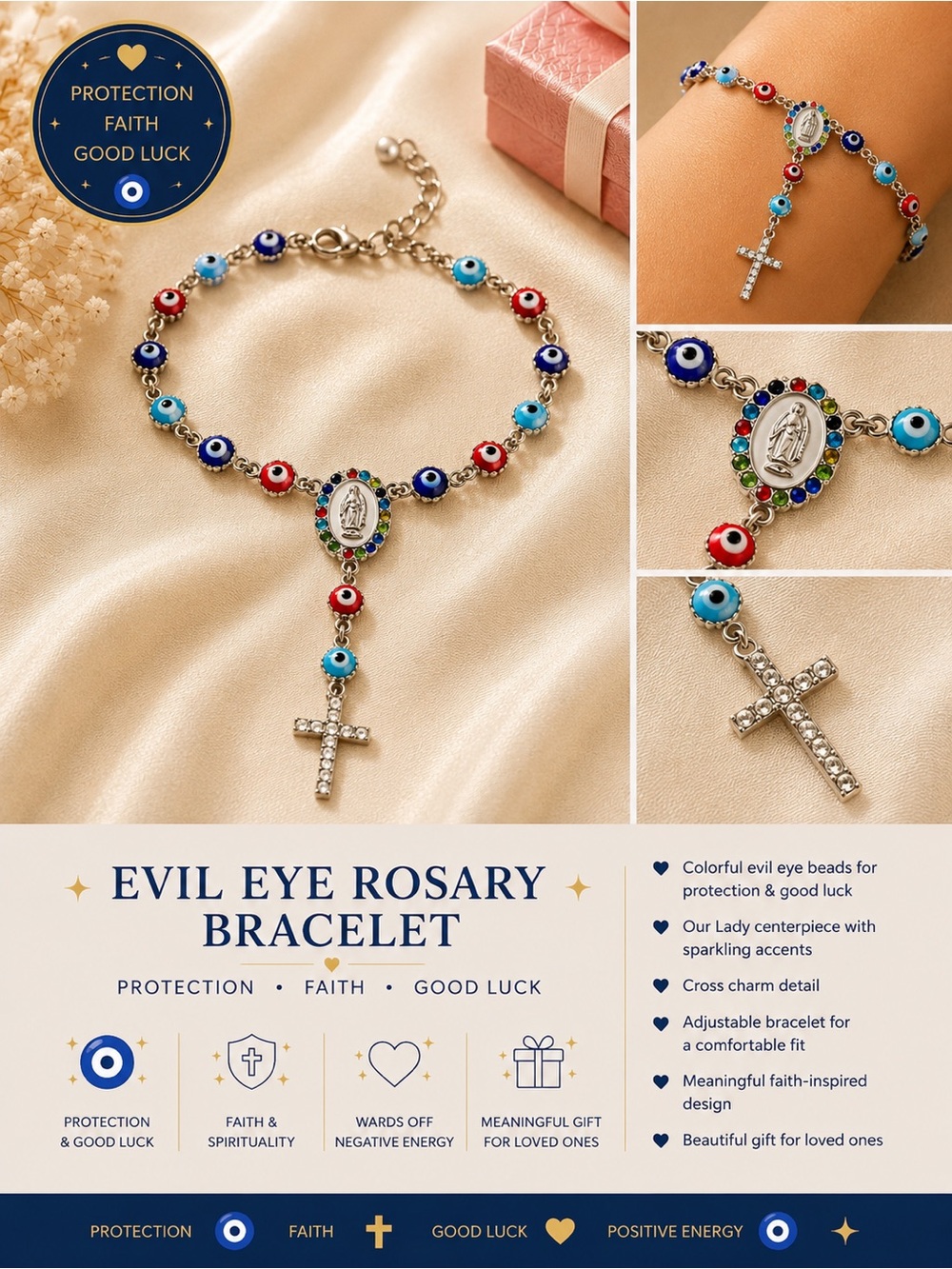 Evil Eye Rosary Bracelet with Cross - Multicolor